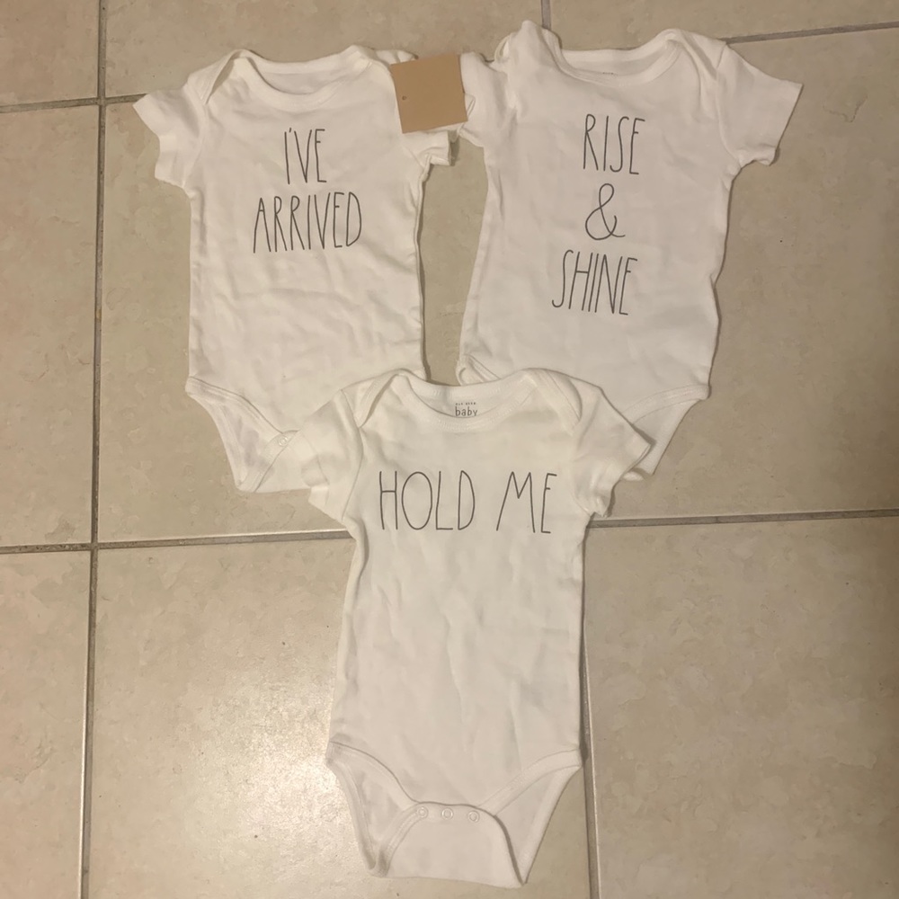 Rae Dunn Baby Onesies One Pieces 6-9 Months 3 Piece Set of Bodysuits.